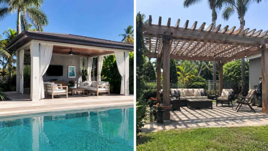 Side-by-side comparison of two backyard pergolas: a modern covered pergola with curtains and poolside lounge on the left, and a wooden open-roof pergola with outdoor seating and garden setting on the right