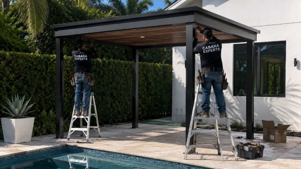 Two workers installing a modern black cabana structure beside a swimming pool, standing on ladders and securing the frame, wearing “Cabana Experts” shirts in a residential backyard