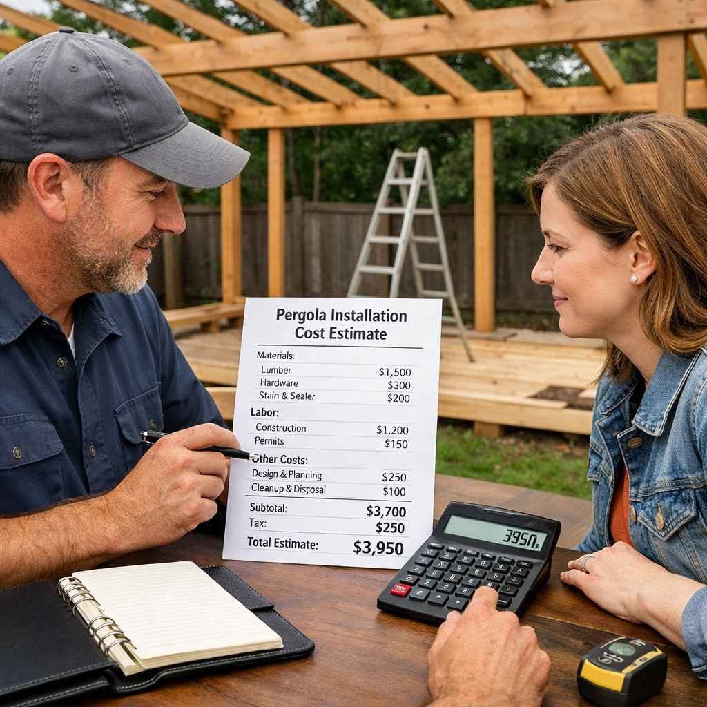 Customer reviewing affordable pricing options for pergola installation with a professional, discussing the transparent and competitive cost breakdown for the project.