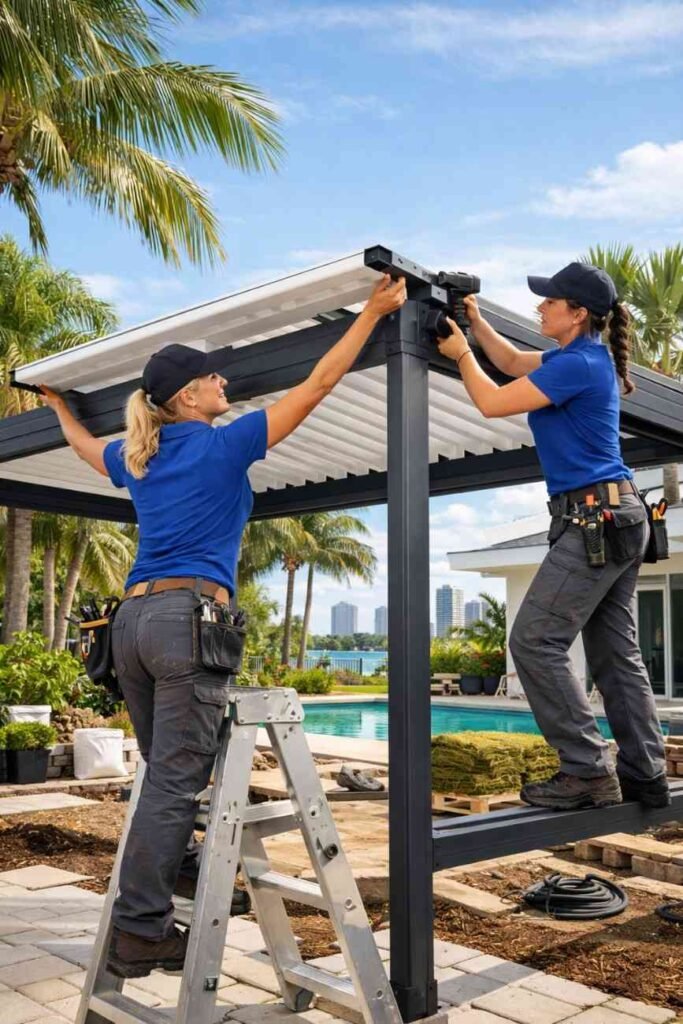 Female workers assembling a luxury aluminum pergola by the pool, ensuring a perfect fit with tools, with a beautiful Miami backdrop