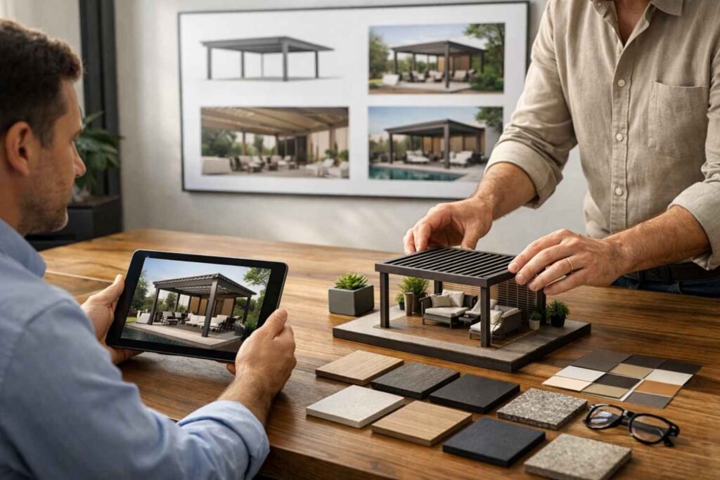 A man reviewing a digital design of a pergola on a tablet, while another person adjusts a 3D model of the structure on a table surrounded by various material samples, including tiles and textures for outdoor design