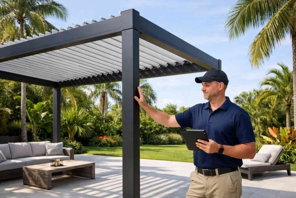 A professional overseeing the installation of a modern aluminum pergola, using a tablet to ensure the structure is level, with a stylish outdoor seating area and lush greenery in the background