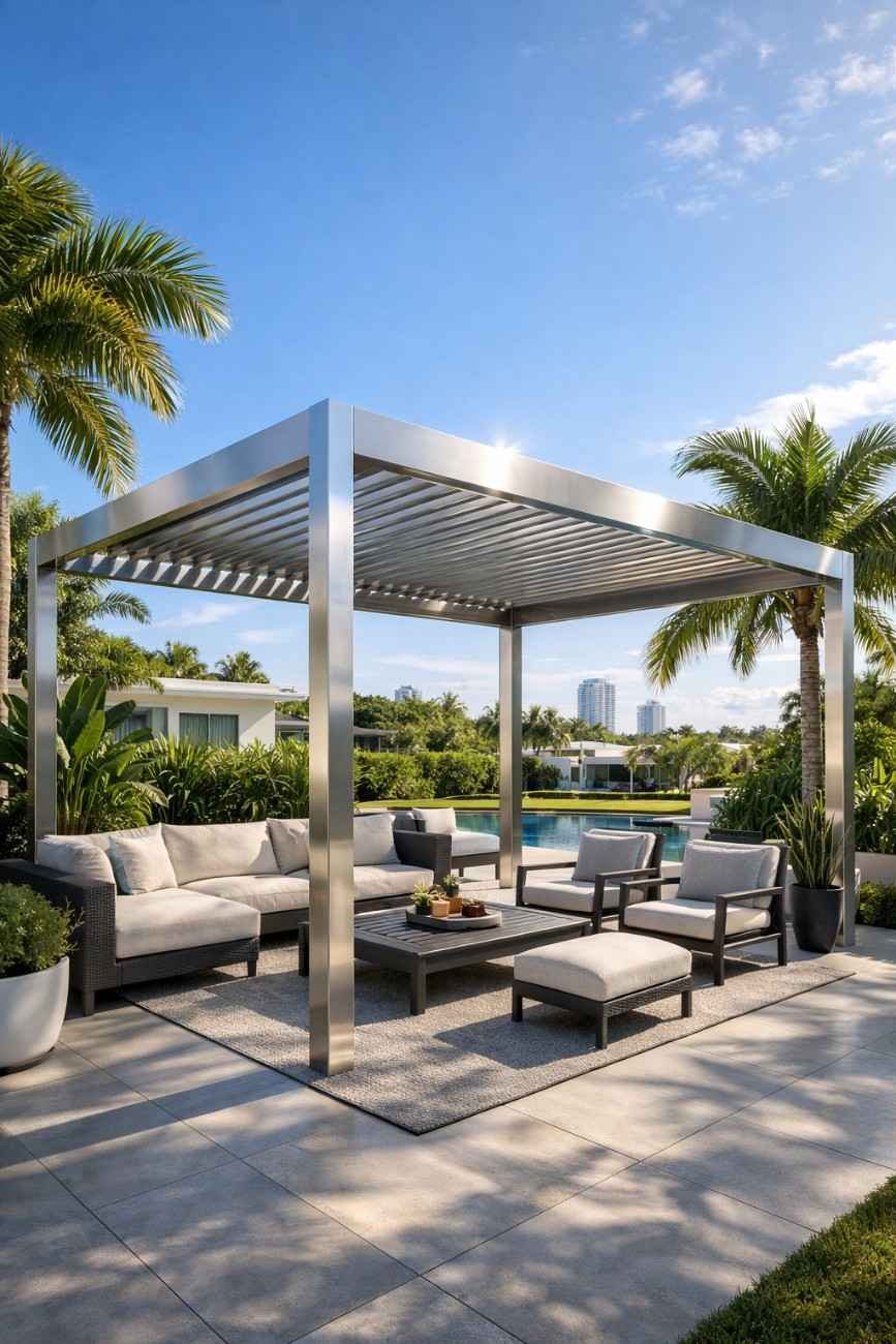 Sleek, modern aluminum pergola providing excellent weather resistance and minimal maintenance, enhancing outdoor comfort and beauty