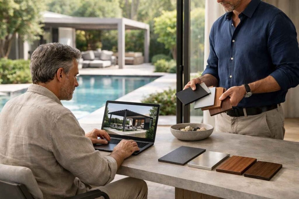 A man sitting at a table with a laptop, reviewing a digital design of a pergola, while another person stands beside him, presenting various material samples, including wood, metal, and aluminum, in a modern outdoor setting by a pool