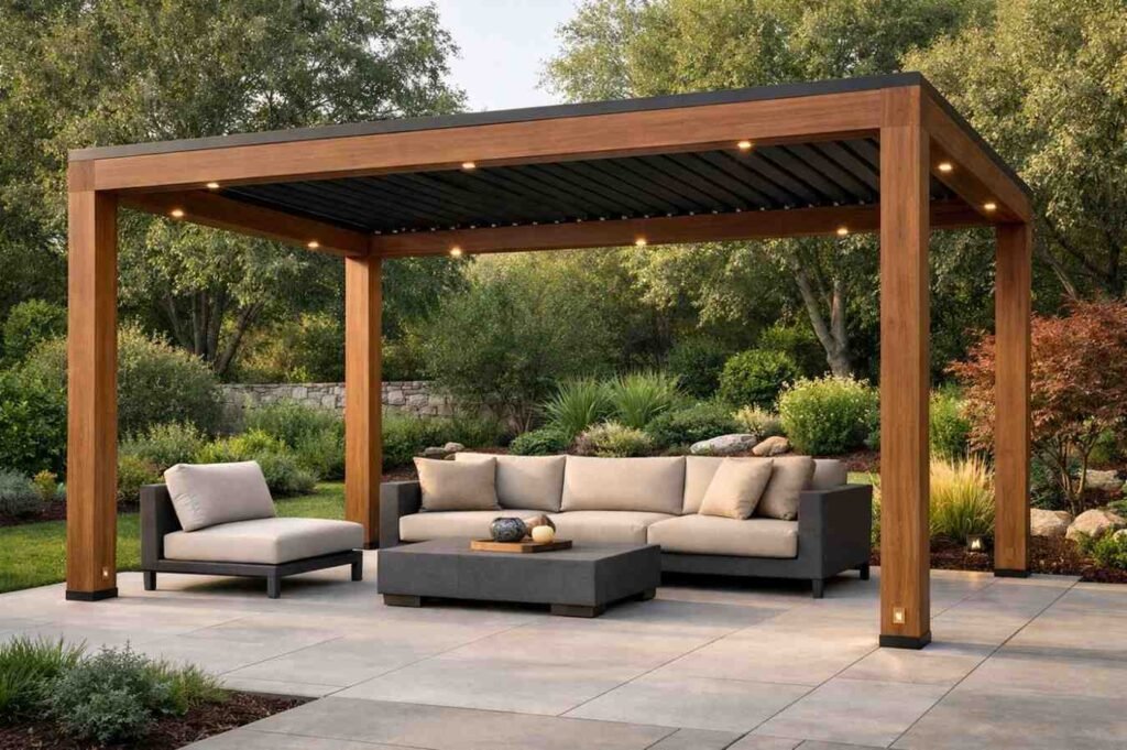 Custom backyard pergola with a cozy seating area, illuminated with string lights, creating a perfect outdoor retreat with stylish design and durable materials
