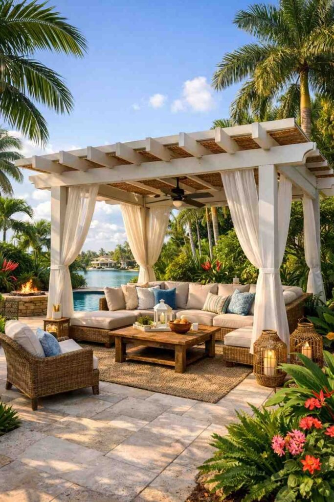 Custom-designed pergolas in a backyard space, creating an ideal outdoor living area with personalized styles and features