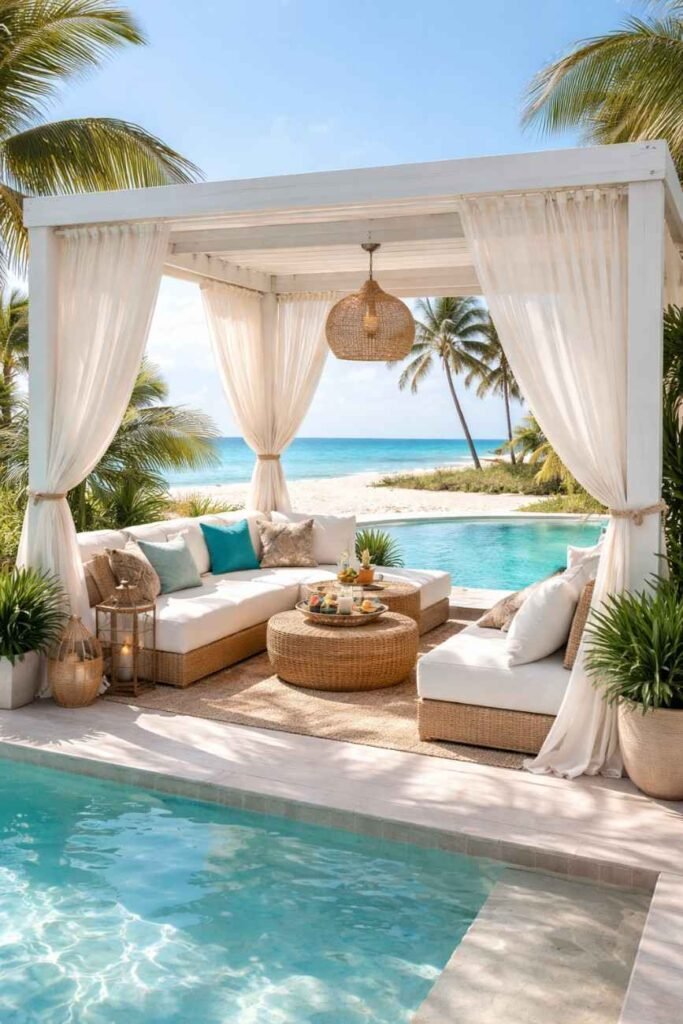 A stylish cabana by the poolside, providing privacy and comfort for a relaxing retreat, enhancing the outdoor experience with beachside luxury