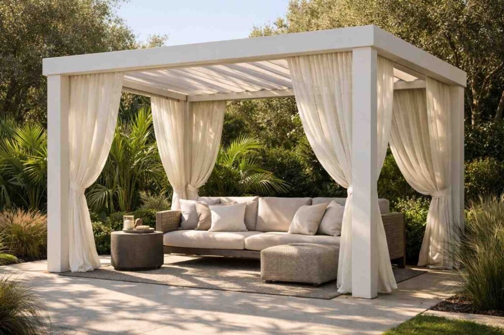 Elegant custom cabana with soft curtains and comfortable seating, creating a perfect outdoor relaxation area surrounded by lush greenery and modern landscaping