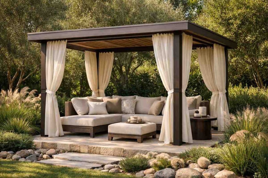 Custom cabana with comfortable seating and soft curtains, creating a serene and private outdoor space, surrounded by lush greenery and modern landscaping