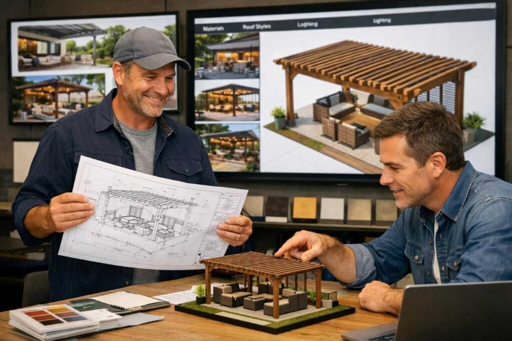 Two professionals reviewing detailed plans and designs for a pergola installation, ensuring expert setup and perfect execution of the project for the client