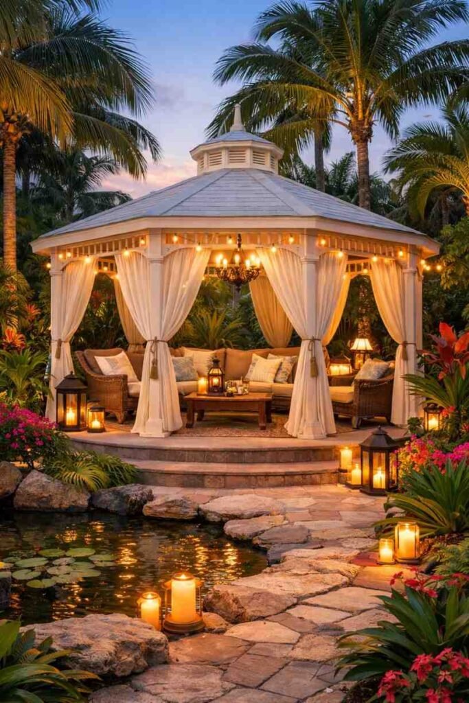A charming gazebo in a scenic backyard, offering shaded relaxation and entertainment space, perfect for outdoor gatherings