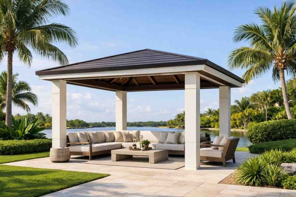Custom gazebo in a spacious backyard by the water, featuring comfortable seating with plush cushions, creating a perfect space for relaxation and enjoyment surrounded by lush greenery and palm trees