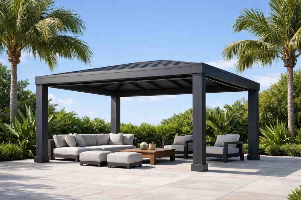Modern metal gazebo in a stylish outdoor living space, featuring comfortable seating and a spacious design, surrounded by lush greenery and palm trees