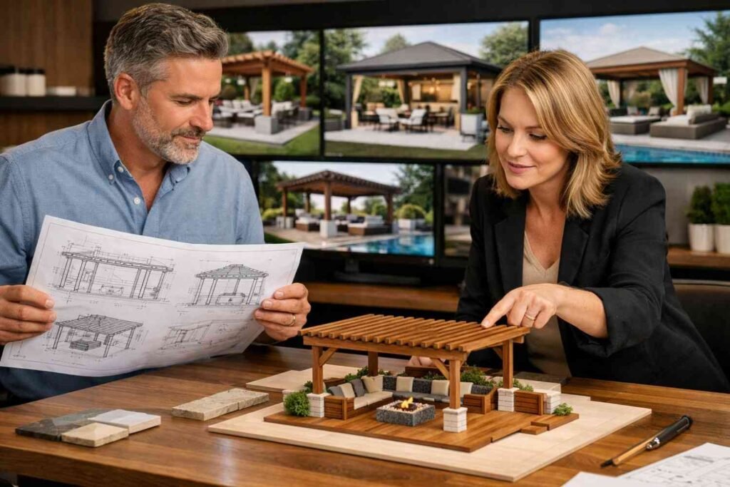 A man and woman examining pergola designs and blueprints, with a detailed 3D model of a wooden pergola on the table in front of them. The background features multiple images of pergola designs on a screen