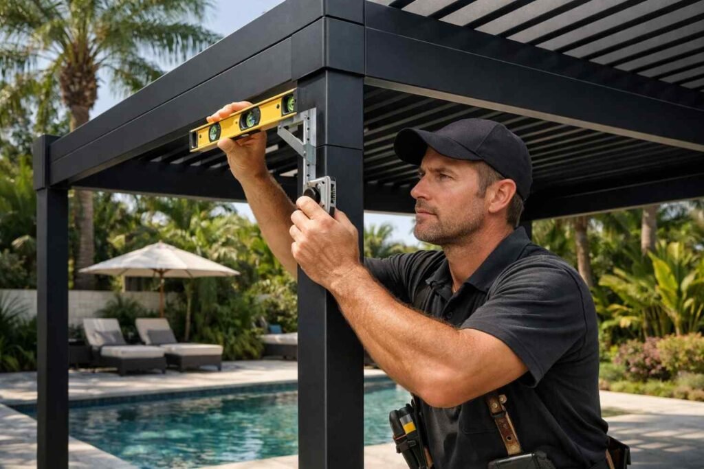 A professional installer using a level tool to ensure precision while setting up a wood pergola, with a pool and tropical greenery in the background