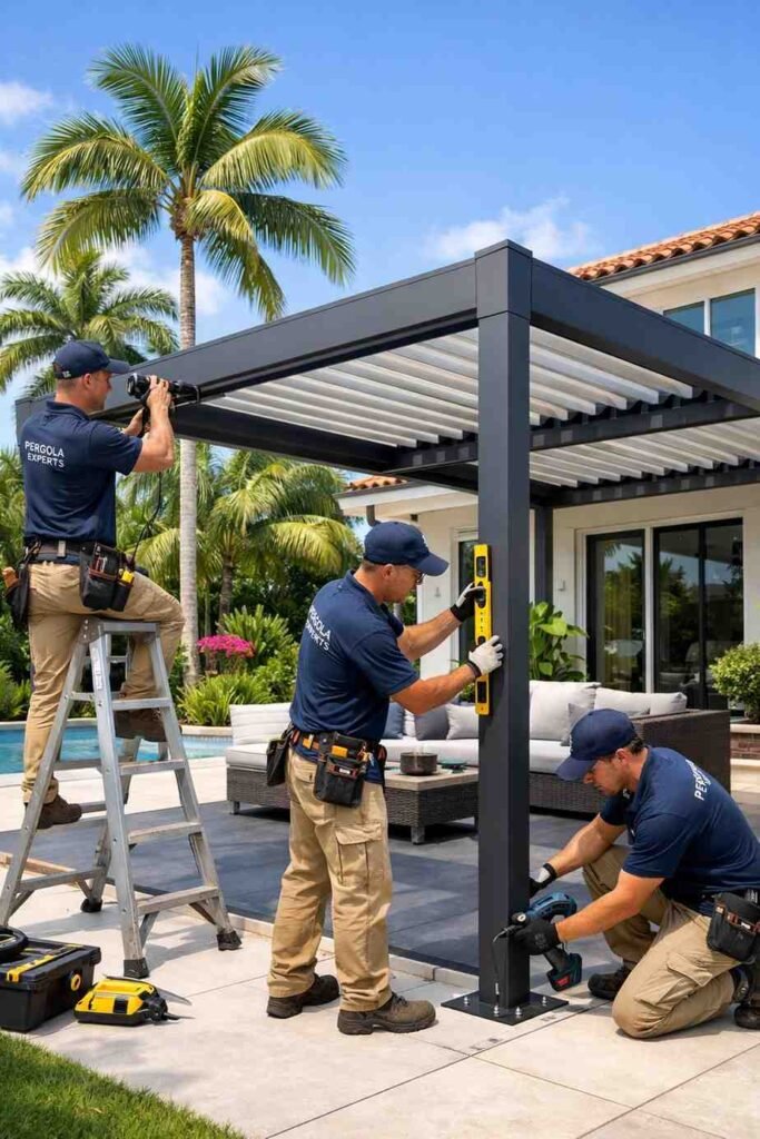 A professional team installing a custom pergola, using tools and ensuring the structure is level, with a home and plants in the background