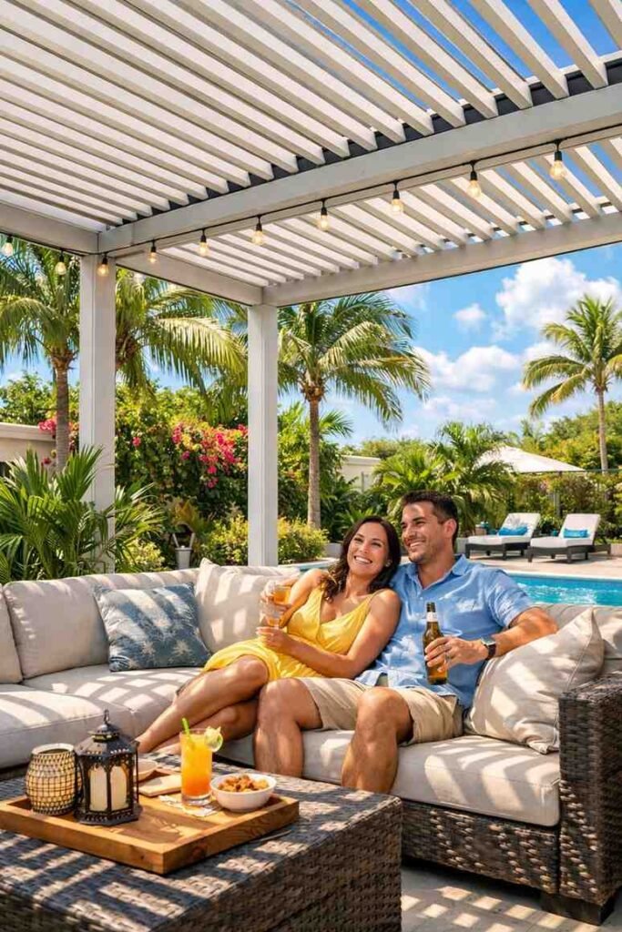 A couple enjoying a relaxing moment on a sofa under a pergola, with a pool in the background and palm trees surrounding them
