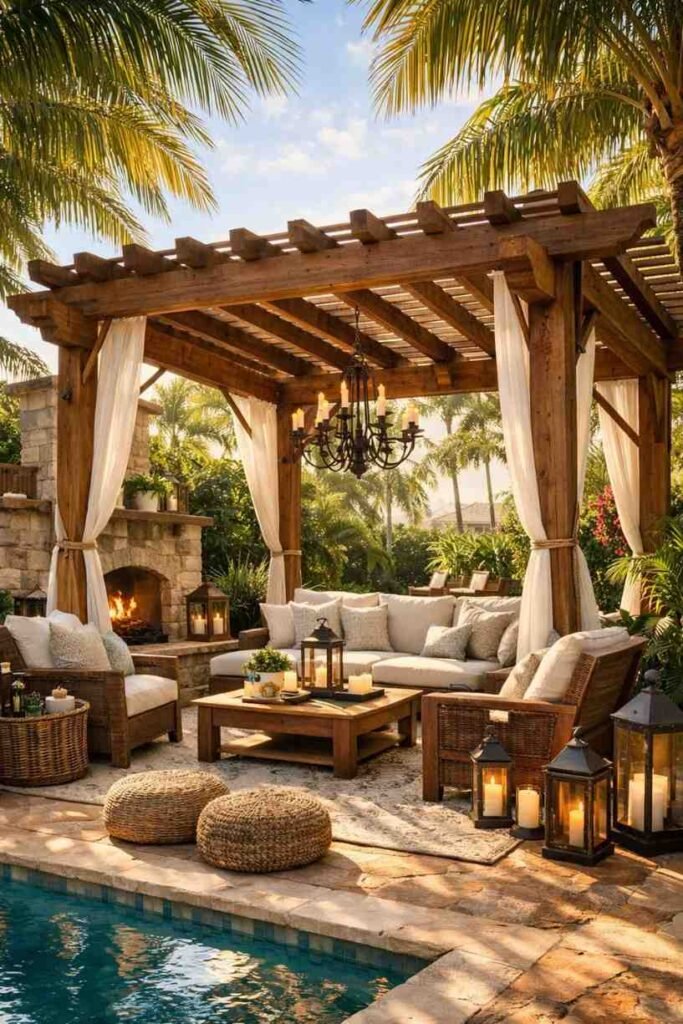 A cozy wood pergola in a lush garden, offering a perfect retreat with a durable design that suits various backyard styles