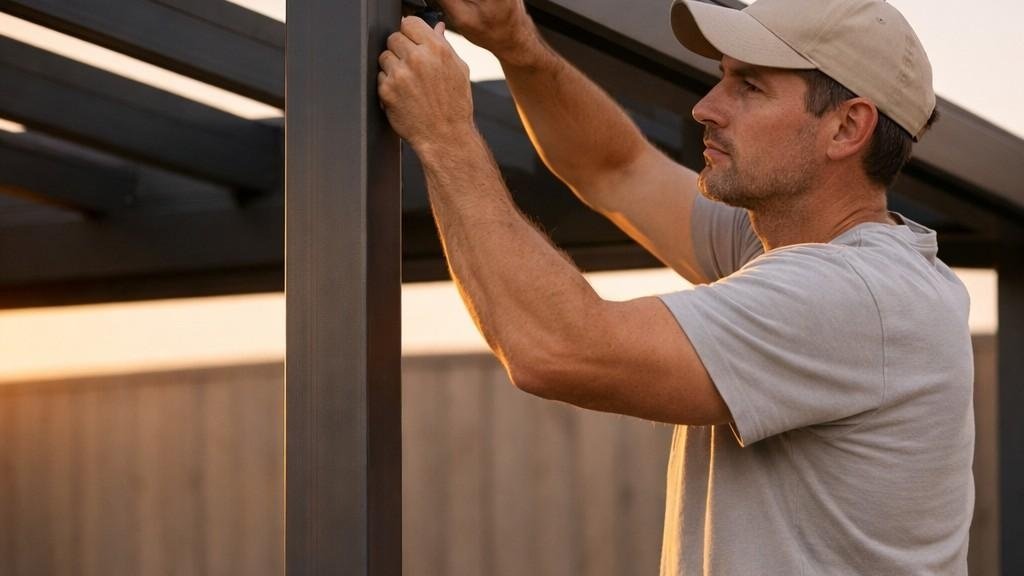 A man wearing a cap installs or adjusts a metal pergola structure, securing a vertical post during warm sunset lighting in an outdoor backyard setting